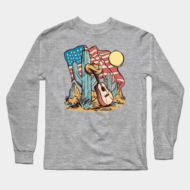 Vintage American Southwest Cartoon with Cactus, Guitar & American Flag Long Sleeve T-Shirt by SLAG_Creative